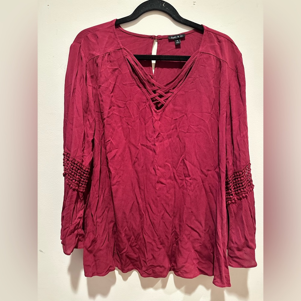 Sami & Jo Maroon Long Sleeve V Neck Boho Top
